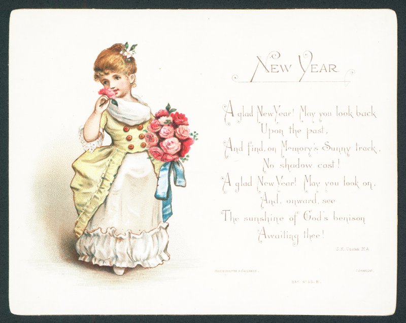 Fille sentant des roses, carte de Nouvel An - English School