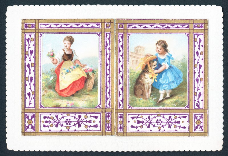 Fille avec des fleurs et mettant un chapeau sur un chien, Carte de Noël - English School
