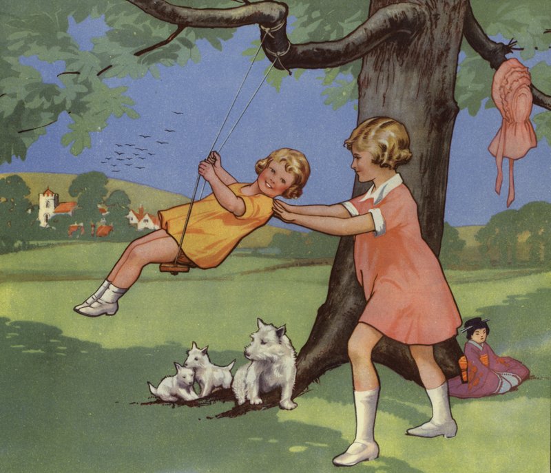 Filles jouant sur une balançoire dans la campagne anglaise - English School