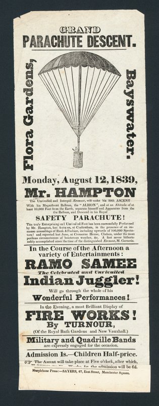 Descente en parachute, Flora Gardens, Bayswater, 12 août 1839 - English School