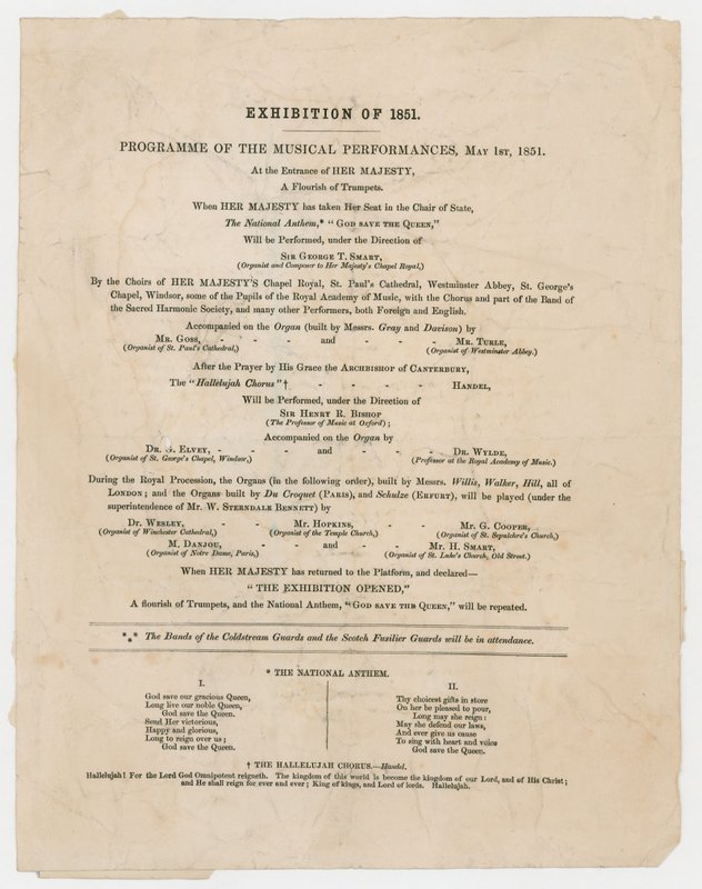 Grande Exposition de 1851. Programme des performances musicales, 1er mai 1851 - English School