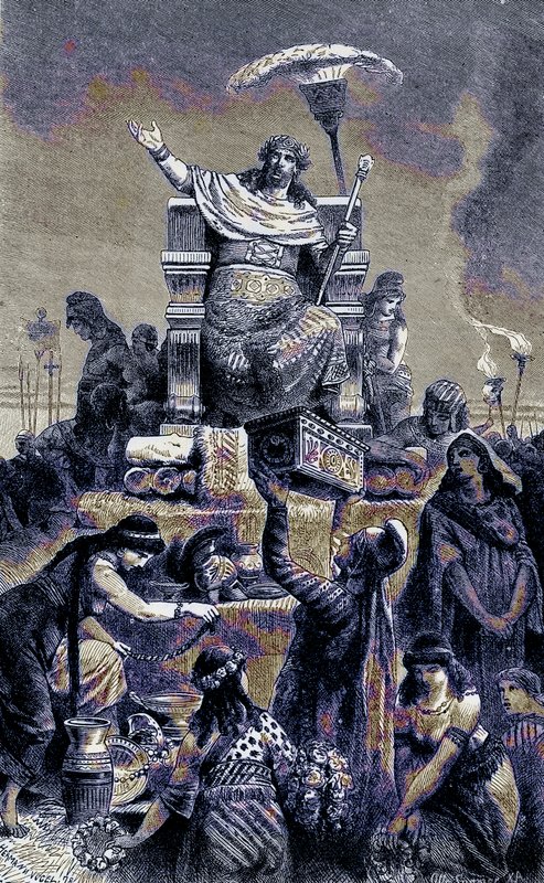 Dégénérescence grecque - Crésus sur le bûcher funéraire, illustration de The Illustrated History of the World, publiée vers 1880 - English School