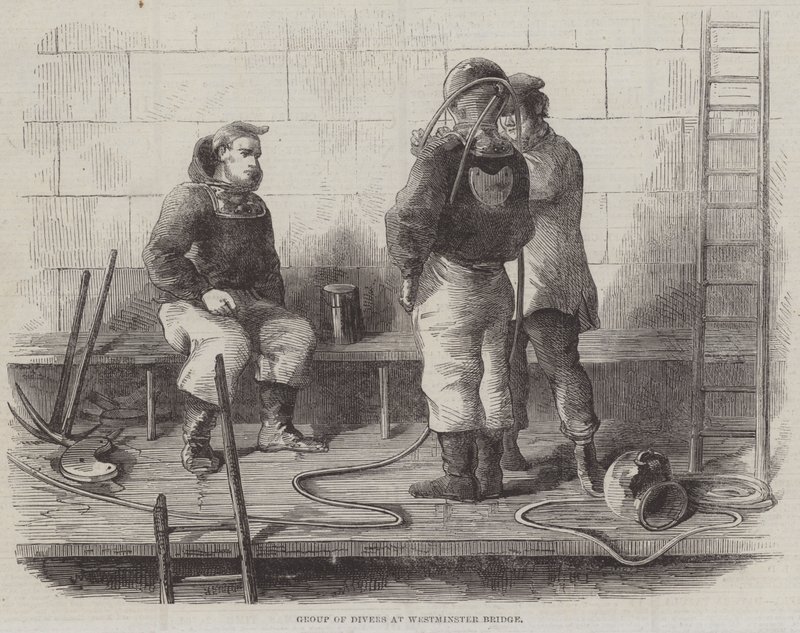 Groupe de plongeurs au pont de Westminster (gravure) - English School