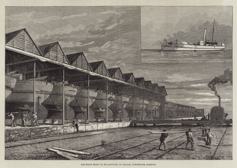 Canonnières prêtes à être lancées à Haslar, port de Portsmouth (gravure) - English School