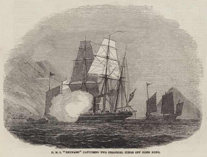 HMS "Reynard" capturant deux jonques pirates au large de Hong Kong (gravure) - English School
