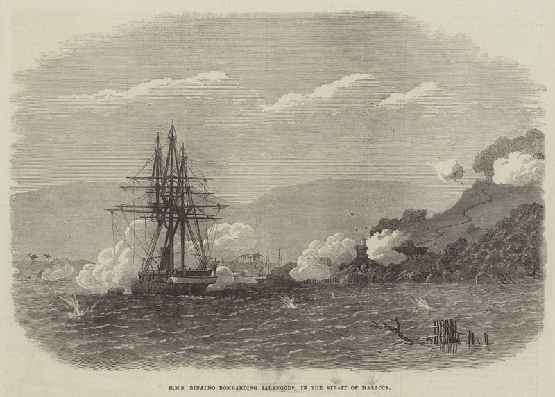 HMS Rinaldo bombardant Salangore, dans le détroit de Malacca (gravure) - English School
