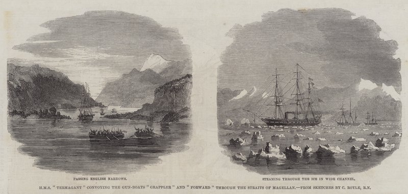 HMS "Termagant" convoyant les canonnières "Grappler" et "Forward" à travers le détroit de Magellan - English School