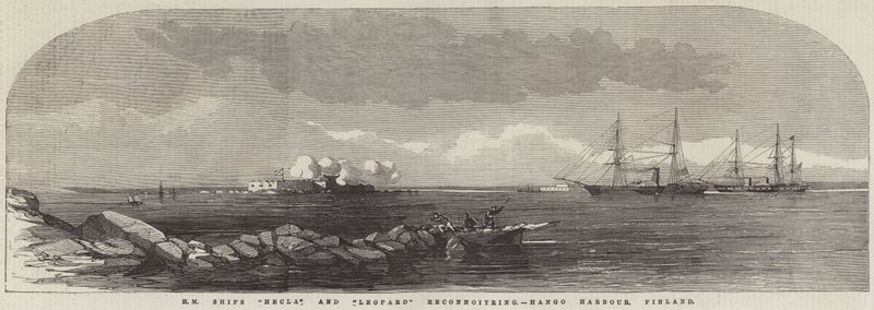 Navires de Sa Majesté "Hecla" et "Leopard" en reconnaissance, port de Hango, Finlande (gravure) - English School