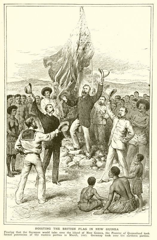 H. M. Chester, magistrat du Queensland lors de la levée du drapeau britannique en Nouvelle-Guinée, mars 1883 - English School