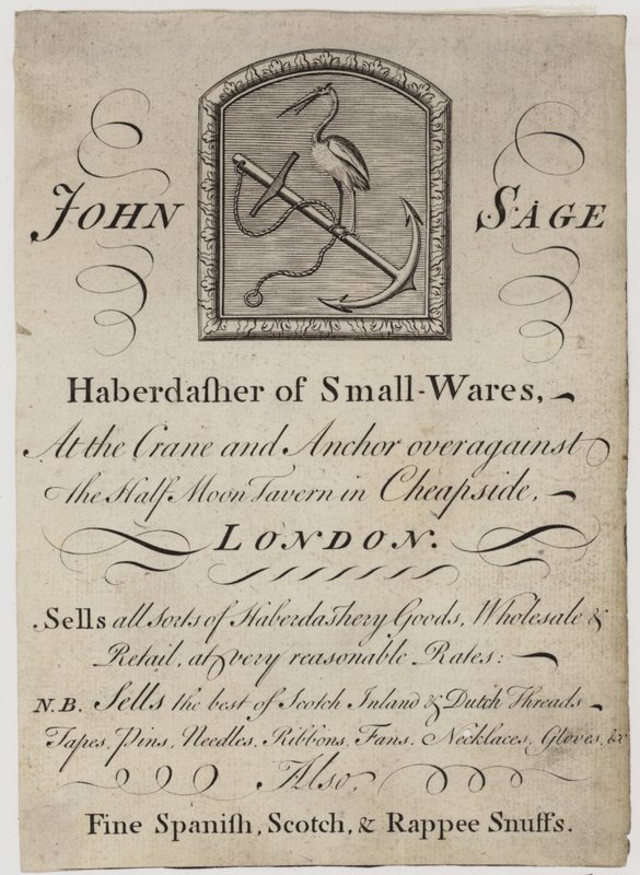 Mercerie, John Sage, carte de visite - English School