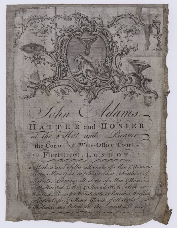 Carte de visite de John Adams, chapelier - English School