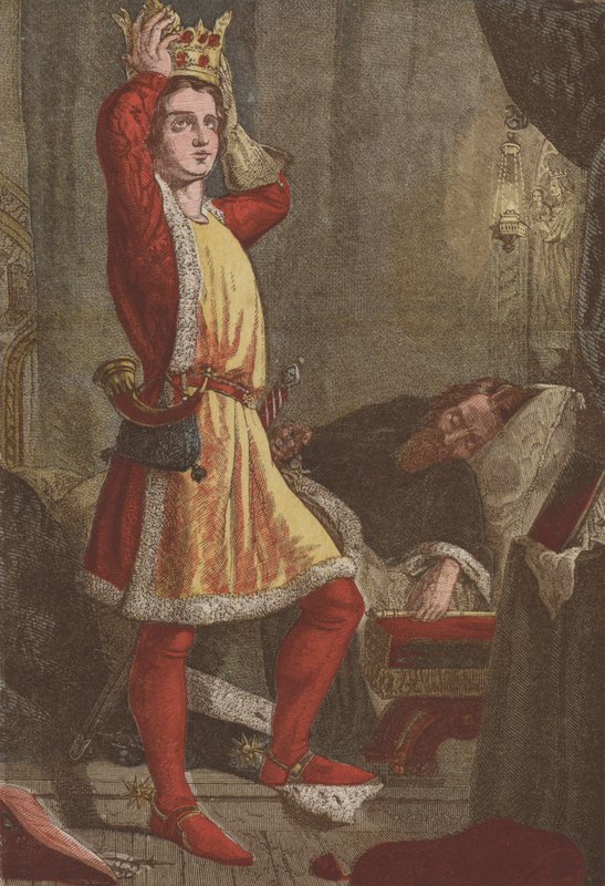 Henri, prince de Galles, le futur roi Henri V, essayant la couronne de son père - English School