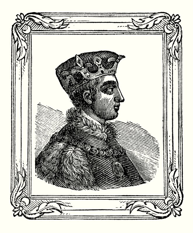 Henri V est né en 1388, couronné en 1413, et mort en 1422 (gravure) - English School