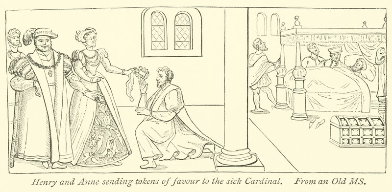 Henri et Anne envoyant des signes de faveur au cardinal malade - English School