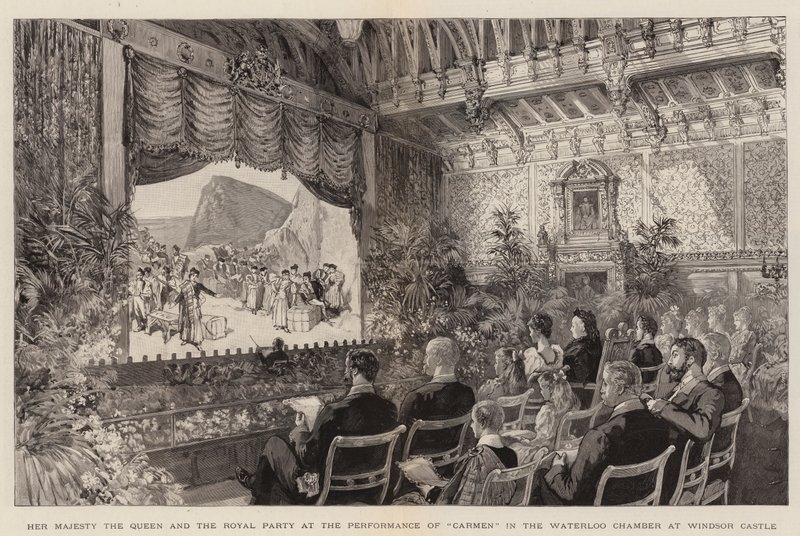 Sa Majesté la Reine et le groupe royal à la représentation de "Carmen" dans la salle Waterloo au château de Windsor (gravure) - English School