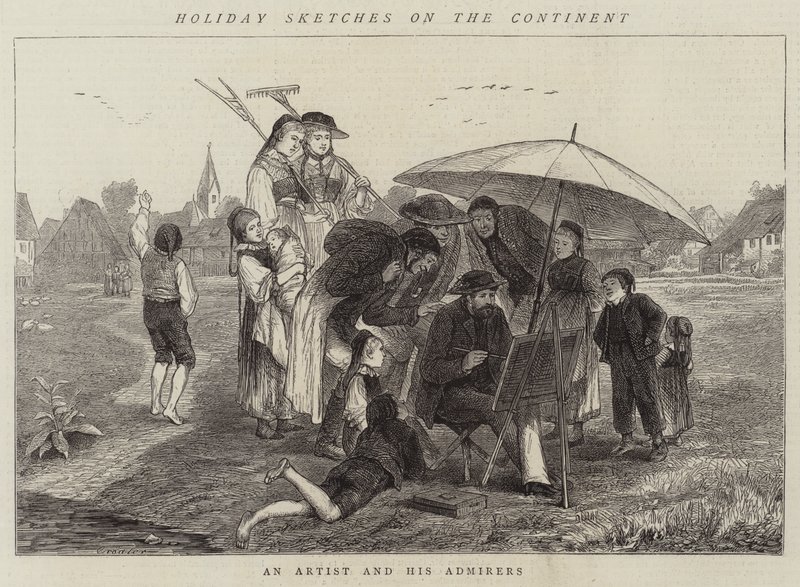 Croquis de vacances sur le continent, un artiste et ses admirateurs (gravure) - English School