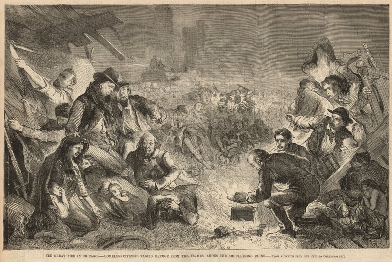 Citoyens sans abri se réfugiant des flammes parmi les ruines fumantes - English School