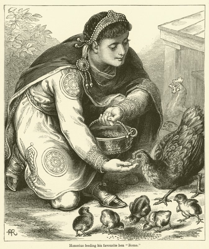 Honorius nourrissant sa poule préférée "Rome" (gravure) - English School