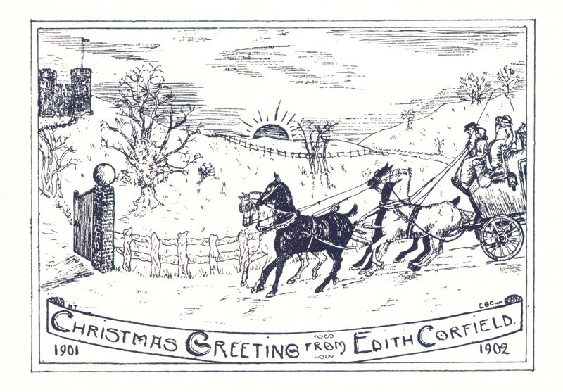 Cheval et calèche voyageant vers le château, Carte de Noël - English School