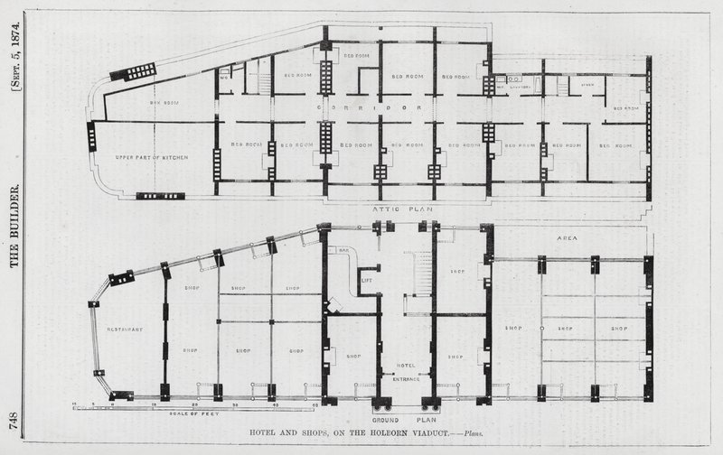 Hôtel et boutiques, sur le viaduc de Holborn (gravure) - English School