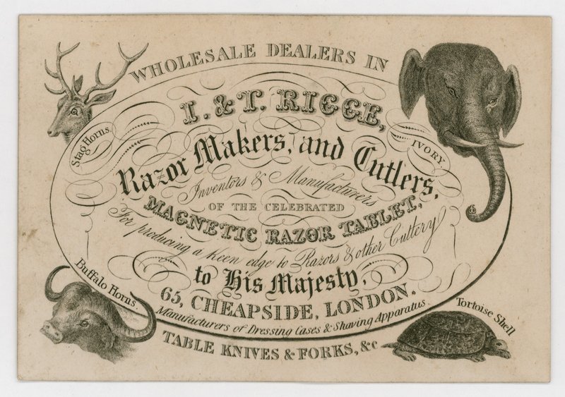 I & T Rigge, fabricants de rasoirs et couteliers, carte de visite - English School