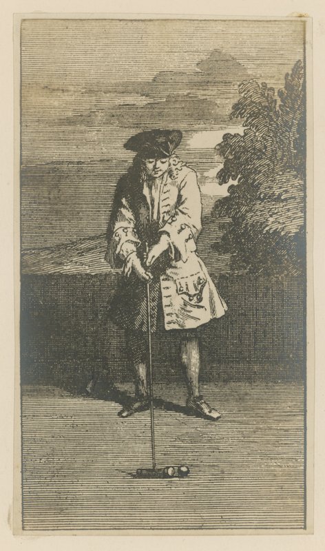 Illustration représentant un homme jouant au croquet - English School