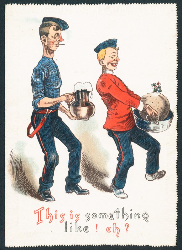 Gentlemen ivres portant un pudding aux prunes et une boisson (Humoristique), Carte de Noël - English School