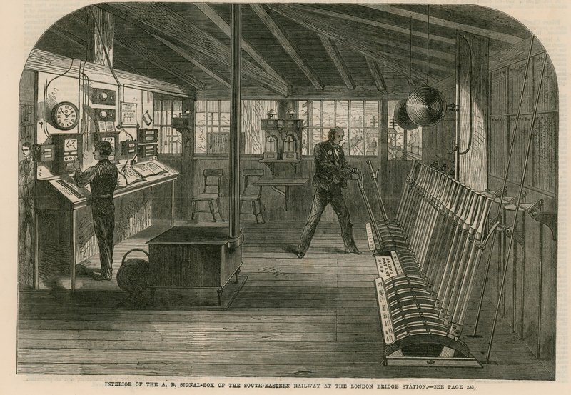 Intérieur de la boîte de signalisation A, B du chemin de fer du Sud-Est à la gare de London Bridge - English School