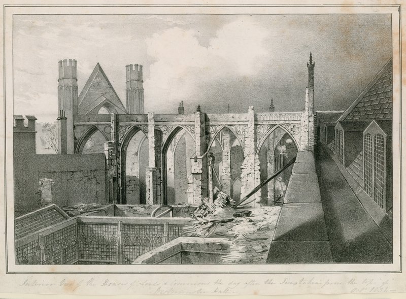 Vue intérieure des Chambres des Lords et des Communes le jour après les incendies prise du sommet de Westminster Hall - English School