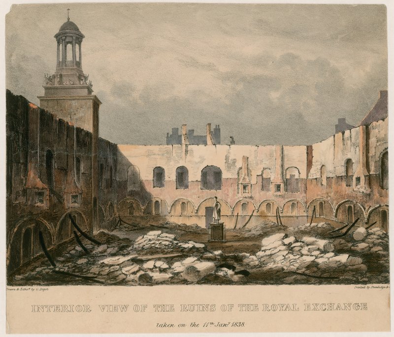 Vue intérieure des ruines du Royal Exchange, Londres, prise le 11 janvier 1838 - English School
