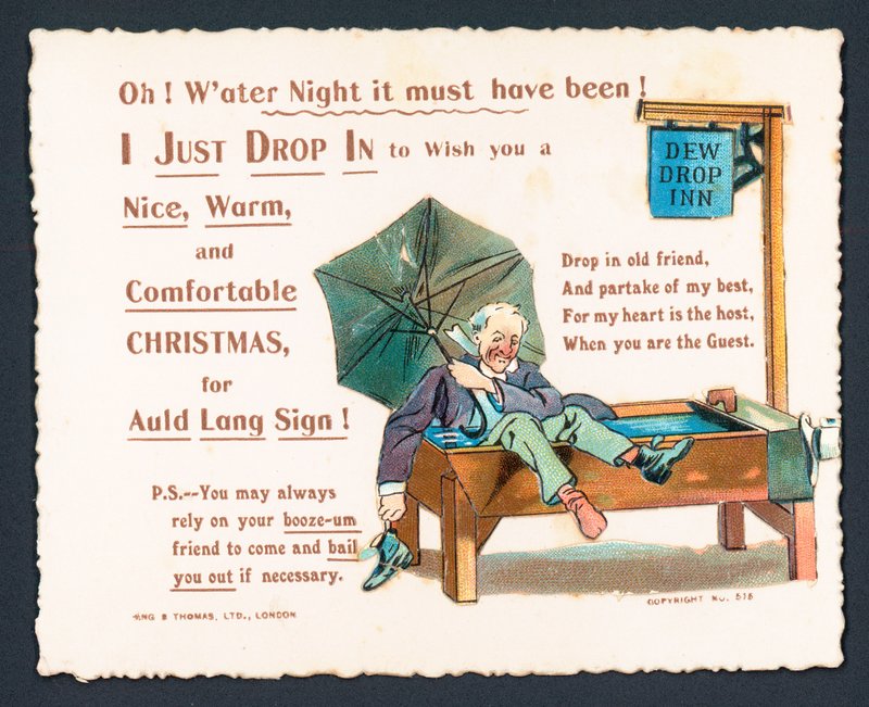 Homme ivre dans un abreuvoir à chevaux!, carte de Noël - English School