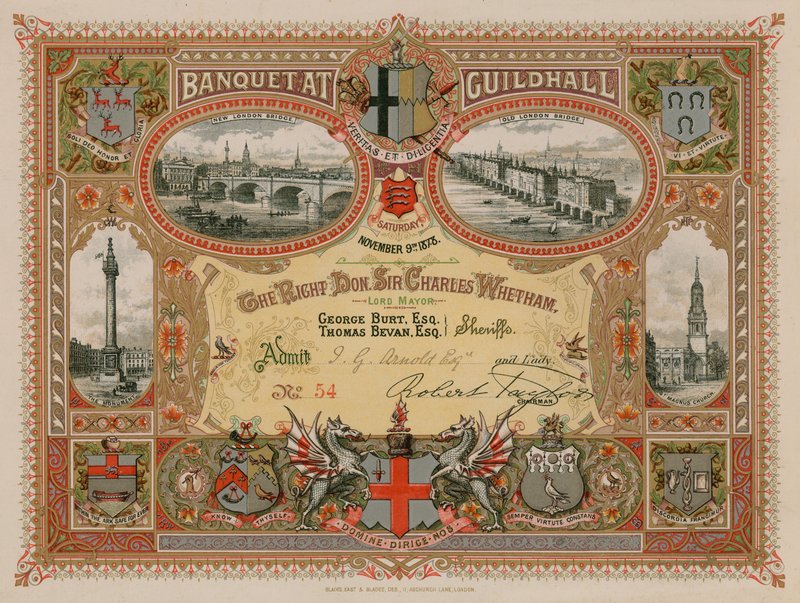 Invitation à un banquet au Guildhall, Londres, le 9 novembre 1878 - English School