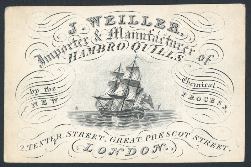 J Weiller, importateur et fabricant de plumes de Hambourg, 2 Tenter Street, carte de visite - English School