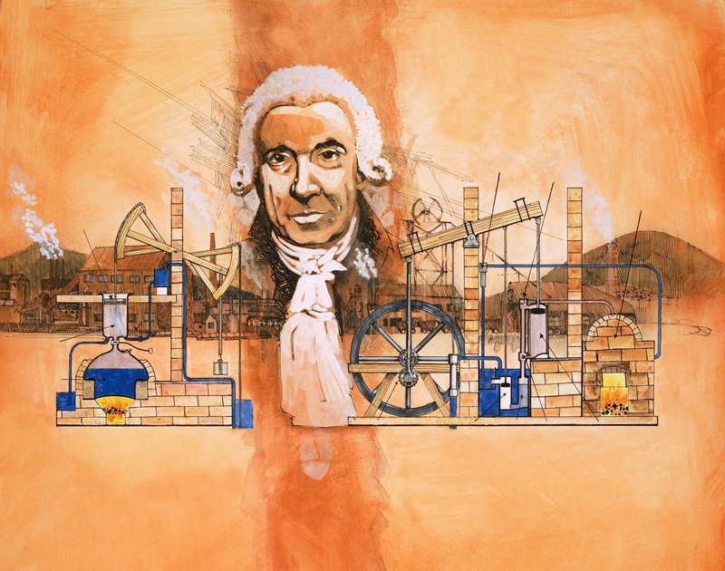 James Watt avec des fours et des pompes mécaniques en arrière-plan - English School