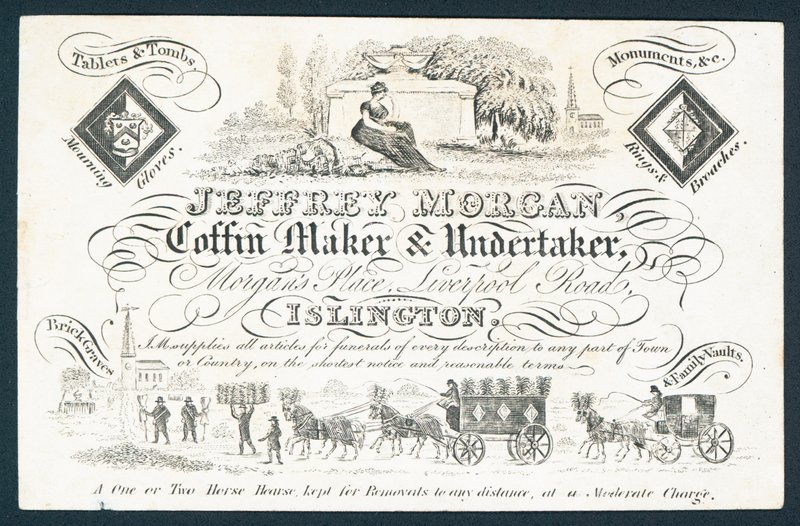 Carte de visite de Jeffrey Morgan, fabricant de cercueils et entrepreneur de pompes funèbres - English School