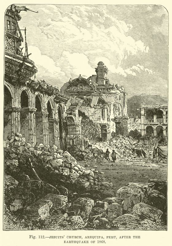 Église des Jésuites, Arequipa, Pérou, après le tremblement de terre de 1868 - English School