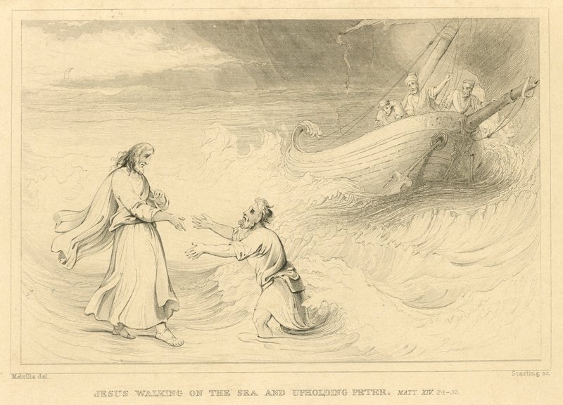 Jésus marchant sur la mer et soutenant Pierre, Matthieu XIV, 24-33 (gravure) - English School