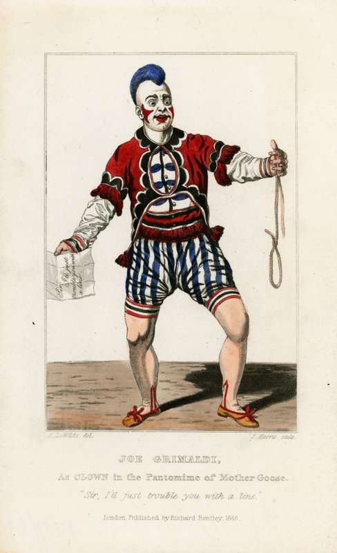 Joe Grimaldi, en clown dans la pantomime de Mother Goose - English School