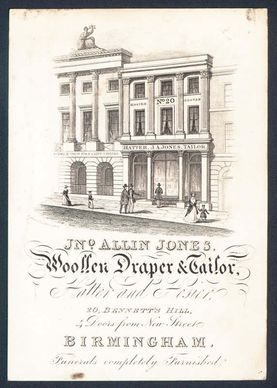 John Allin Jones, drapier en laine et tailleur, chapelier et bonnetier, carte de visite - English School