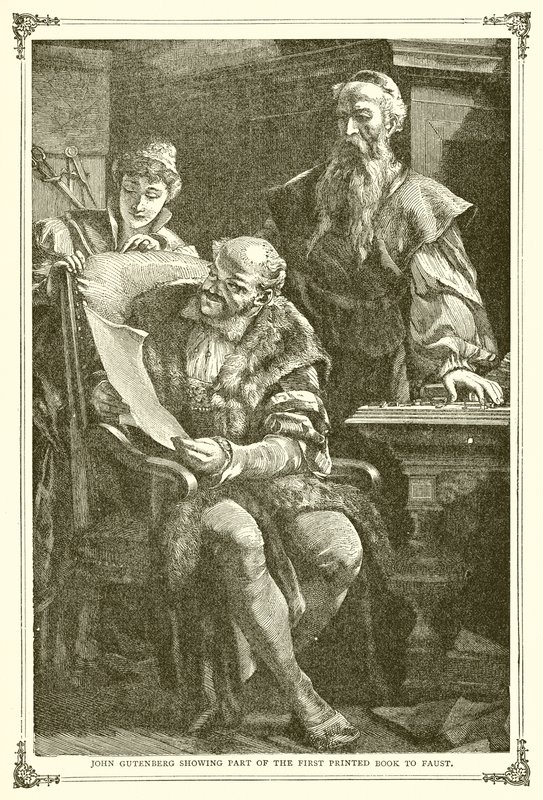 John Gutenberg montrant une partie du premier livre imprimé à Faust - English School