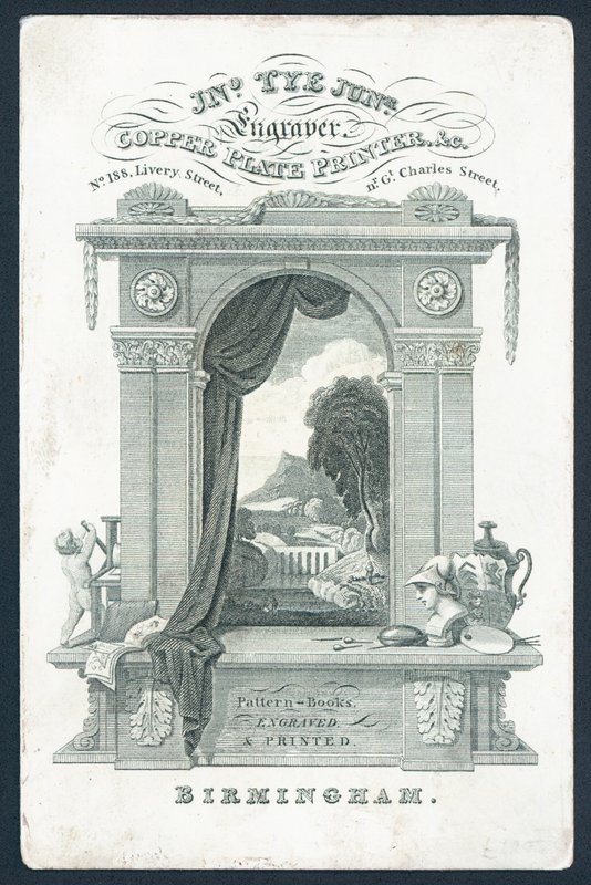 Carte de visite de John Tye, Junior, imprimeur sur plaque de cuivre - English School