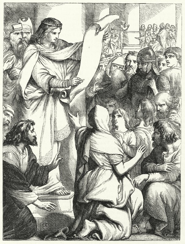 Josias, roi de Juda, lisant la loi au peuple (gravure) - English School