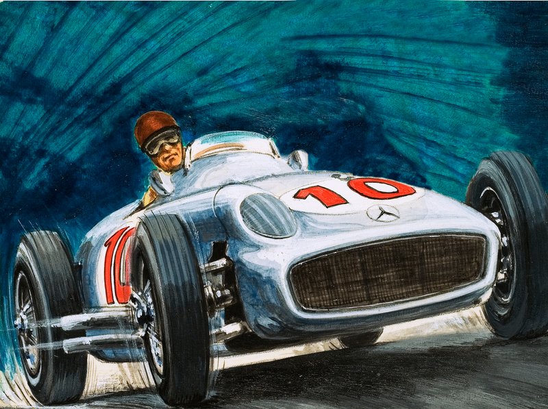 Juan Manuel Fangio conduisant une Mercedes-Benz - English School
