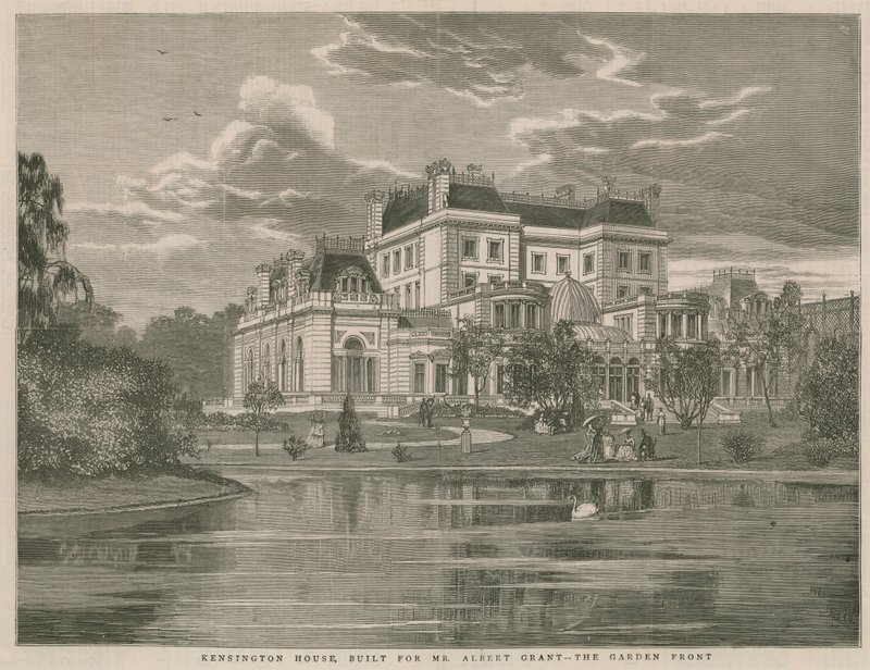 Kensington House, construite pour M. Albert Grant, la façade du jardin - English School