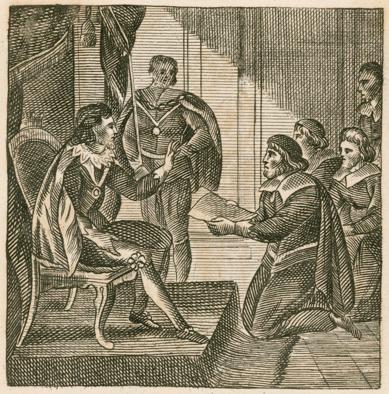 Le roi Charles Ier recevant une pétition des Communes pour leur attribuer le pouvoir de lever des armées (gravure) - English School