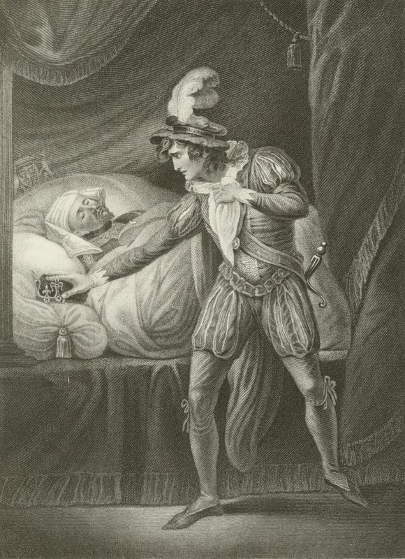 Le roi Henri IV et le jeune prince Hal, sur le point de prendre sa couronne - English School
