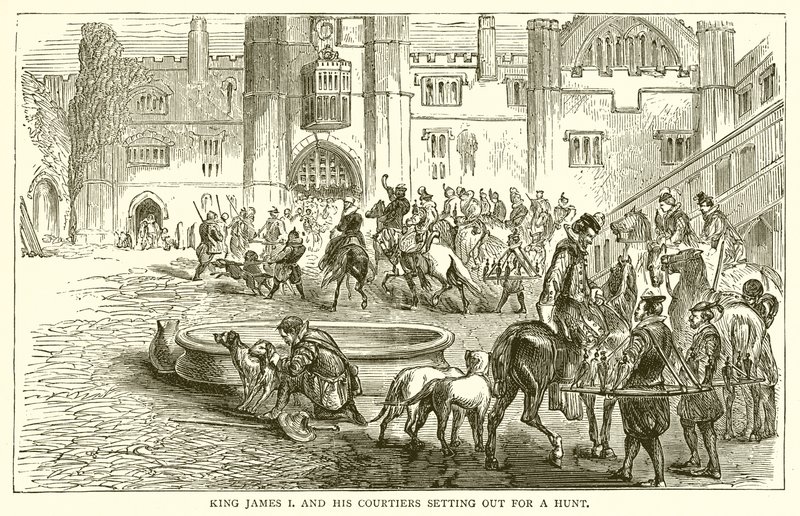Le roi Jacques Ier et ses courtisans partant pour une chasse - English School