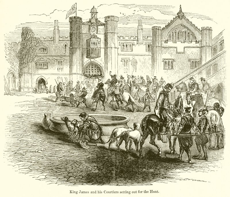 Le roi Jacques et ses courtisans partant pour la chasse - English School