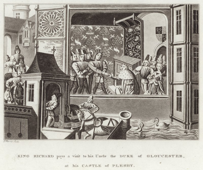 Le roi Richard rend visite à son oncle le duc de Gloucester, à son château de Pleshy - English School