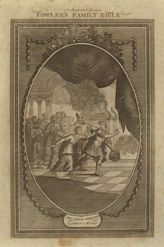 Le roi Ozias expulsé, 2 Chroniques, Chapitre 26, Verset 20 (gravure) - English School